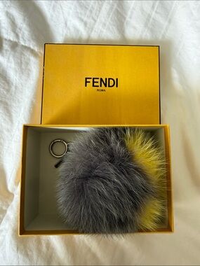 Fendi Gray and Yellow Fur Pompom Key Holder
